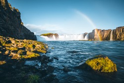 Attractive view of powerful Godafoss cascade. Location Bardardalur valley, Skjalfandafljot river, Iceland, Europe. Scenic image of beautiful nature landscape. Amazing scene. Discover beauty of earth.