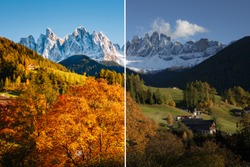 Majestic landscape in Santa Magdalena. Location Funes valley, Dolomiti Alps. Trentino, Italy, Europe. Image before and after. Original or retouch. Photo in half of editing process. Beauty of earth.