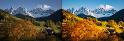 Majestic landscape in Santa Magdalena. Location Funes valley, Dolomiti Alps. Trentino, Italy, Europe. Image before and after. Original or retouch, example of photo editing process. Beauty of earth.