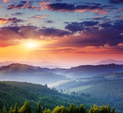 Majestic sunset in the mountains landscape.Carpathian, Ukraine.