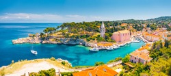 Scenic view of the blue lagoon village Veli Losinj on sunny day. Location place Kvarner Gulf, island Losinj, Croatia, Europe. Drone photography. Summer vacation concept. Discover the beauty of earth.