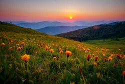 Fantastic view of the sunset over the mountain ranges. Location place Carpathian mountains, Ukraine, Europe. Photo wallpaper. Image of an magical sunset. Summer vacation. Discover the beauty of earth.