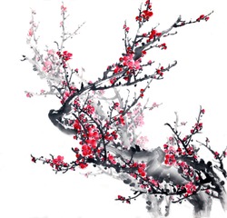 Plum Blossom on White Background-Traditional Chinese Painting.