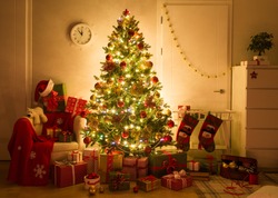festively decorated home interior with Christmas tree