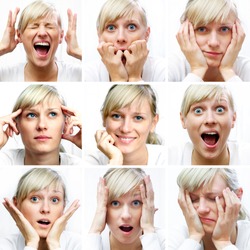 Collage of woman different facial expressions