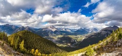 Panorama of aerial view of Banff city in Bow Valley in Banff national park, Canadian Rockies