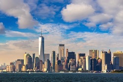 Panoramic view of Manhattan cityscape in New York City at sunset, NY, USA