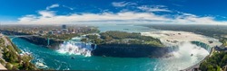 Panorama of  aerial view of Canadian side view of Niagara Falls, American Falls and Horseshoe Falls in Niagara Falls, Ontario, Canada