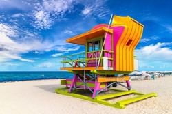 Lifeguard tower in Miami Beach, South beach in a sunny day, Florida