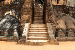The Lions Paw Rock entrance at Sigiriya Rock fortress at Lion Rock in Sigiriya in a sunny day, Sri Lanka