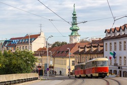 Red tram in Bratislava in a summer day, Slovakia
