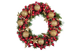 Christmas decoration wreath with golden balls isolated on white background