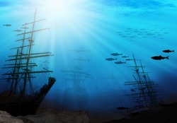 underwater world with old ship