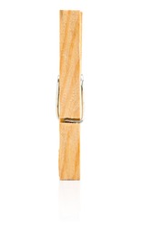 Single brown wooden clothespin over white background