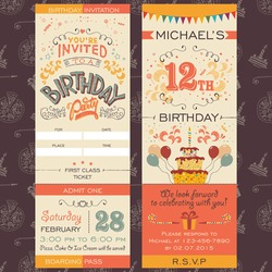 Birthday party invitation boarding pass ticket. Face and back sides