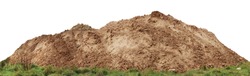 A large pile of construction sand  on forest grassy site. Isolated on white  panoramic collage from several outdoor shots