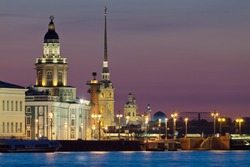 The iconic view of St. Petersburg White Night - Curiosities, Vasilievsky Island with Rostral columns, Peter and Paul Fortress and mosque in one shot. Russia