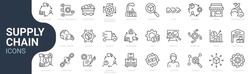 Set of line icons related to supply chain, value chain, logistic, delivery, manufacturing, commerce. Outline icon collection. Vector illustration. Editable stroke