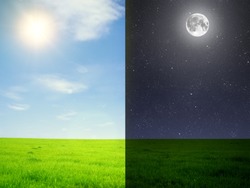  Green field in day and night. Elements of this image furnished by NASA
