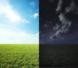 Green field in day and night.