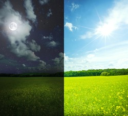 Green field in day and night. Elements of this image furnished by NASA