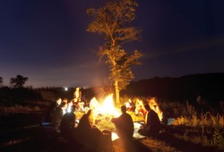 The company of young people are sitting around the bonfire and singing songs
