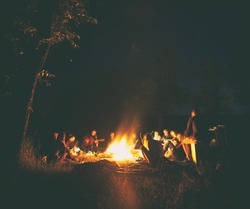 The company of young people are sitting around the bonfire and singing songs
