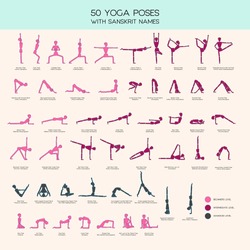 Vector set of stick figures doing yoga asanas, yoga people infographics, 50 basic poses for beginners and advanced learners