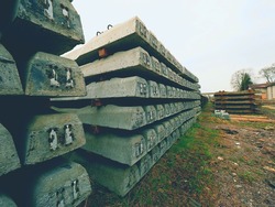 Sleepers production. Concrete casting and assembly.  New concrete railway ties stored for reconstruction of old railway