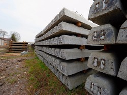 Sleepers production. Concrete casting and assembly.  New concrete railway ties stored for reconstruction of old railway