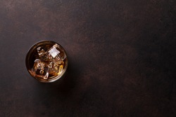 Whiskey with ice. Top view with copy space