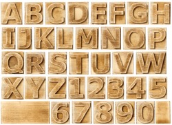 Wooden alphabet blocks with letters and numbers.