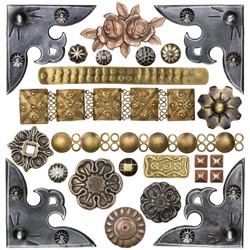 Vintage metal corners, nails, buttons and other design elements