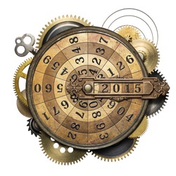Stylized steampunk metal collage of time counting device. New Year concept.