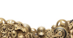 Mechanical collage made of clockwork gears on white background