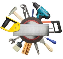 Carpentry, construction tools collage background.