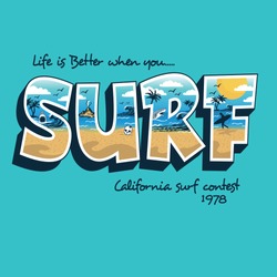 Surf typography, tee shirt graphics, vectors