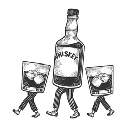 Whiskey alcohol bottle with ice and glasses walks on its feet sketch engraving vector illustration. Scratch board style imitation. Black and white hand drawn image.