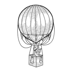 Gentleman looks in telescope in basket of air balloon. Vintage aerostat transport sketch vector illustration. Tee shirt apparel print design. Scratch board engraving style imitation.