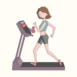 Girl run treadmill color vector illustration