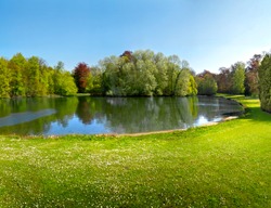 Spring Park. Lake in the spring park. Spring landscape.  
