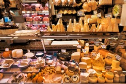 Dairy and meat products. Milk and meat market. Italy.