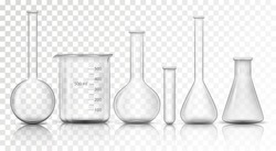 Laboratory transparent glassware instruments. Empty equipment for chemical lab in realistic style. Beaker and flask, chemical glass transparent for lab. Vector illustration