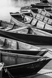 Wooden authentic old boats on the river bank. Life in the village of ordinary people. Transport and fishing vehicle. Black and white photo.