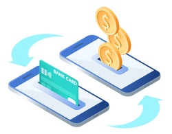 The money transfer process. Flat isometric isolated illustration. The sending and receiving coins with mobile phones and credit card. The banking, transaction, payment, online business vector concept
