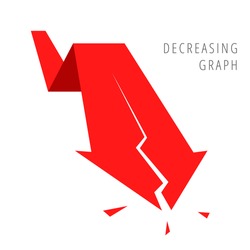 Reduction graph concept. Red arrow depict recession business. Flat illustration of broken downward arrow as an element for infographic, article background for web, publish, social networks.