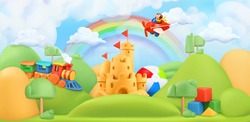 Kids toys landscape. 3d vector background. Plasticine art illustration
