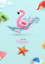Hello summer background. 3d vector realistic illustration. Flamingo inflatable toy, starfish, water splash