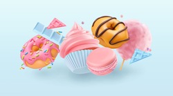 Falling cupcake and donuts. 3d realistic vector background