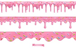Donut pink icing with sprinkles. 3d vector realistic seamless pattern